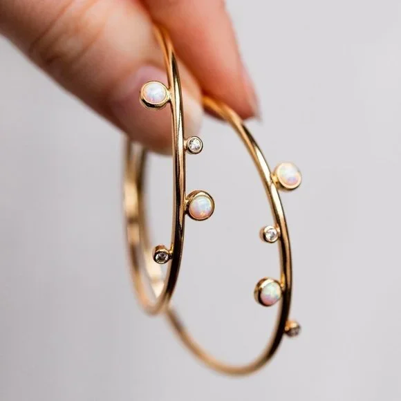 Tiny Beautiful Opal Gold Plated Big Hoop Earrings for Women, VP1013